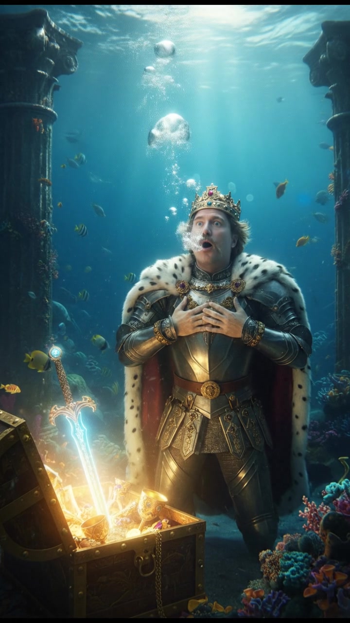 diving underwater with bubbles rising, holding breath, glowing treasure or object nearby