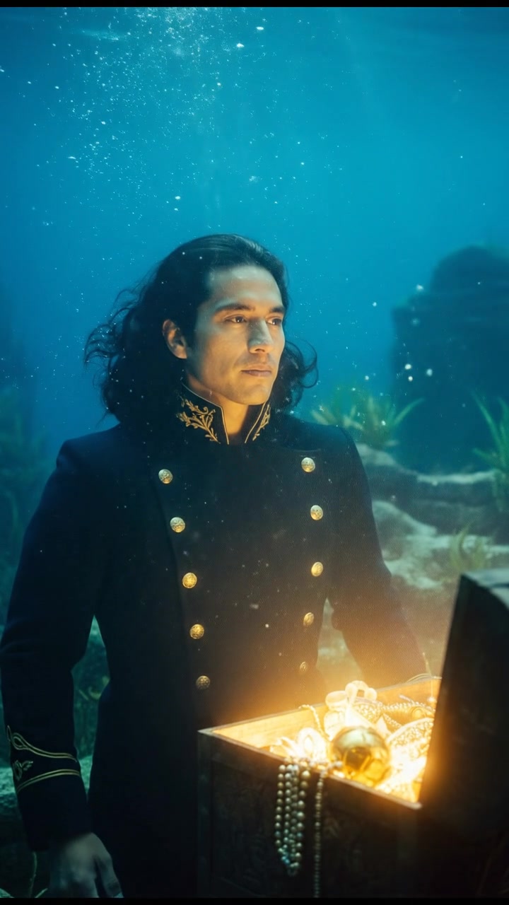 diving underwater with bubbles rising, holding breath, glowing treasure or object nearby