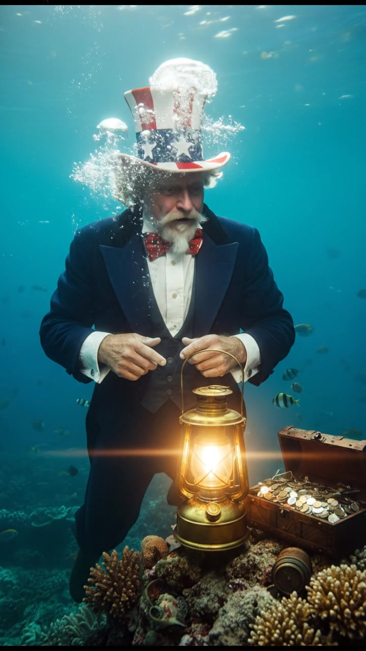 diving underwater with bubbles rising, holding breath, glowing treasure or object nearby