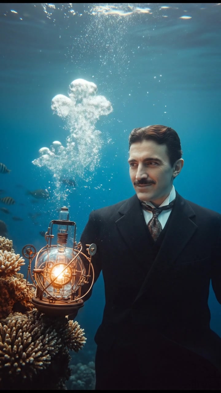 diving underwater with bubbles rising, holding breath, glowing treasure or object nearby