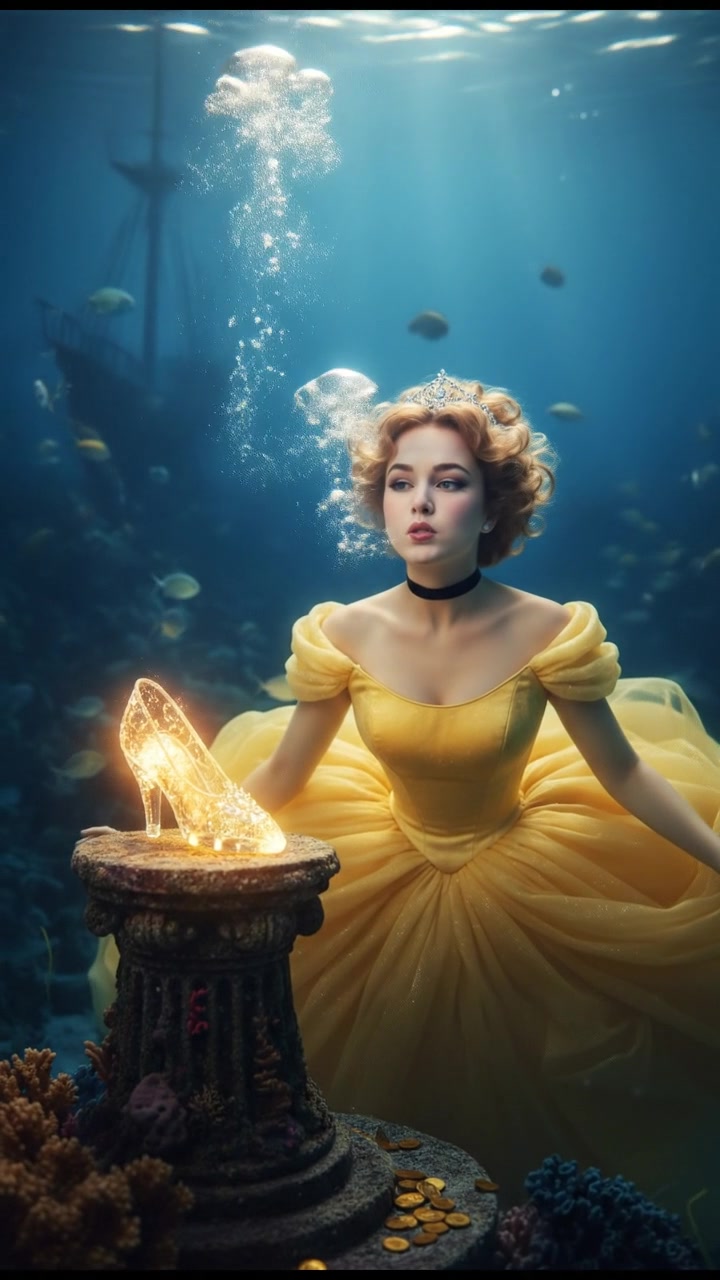 diving underwater with bubbles rising, holding breath, glowing treasure or object nearby