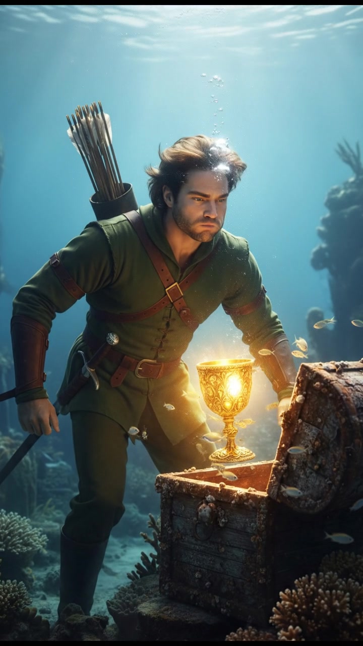 diving underwater with bubbles rising, holding breath, glowing treasure or object nearby