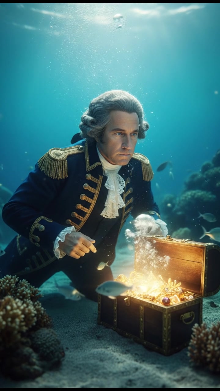 diving underwater with bubbles rising, holding breath, glowing treasure or object nearby