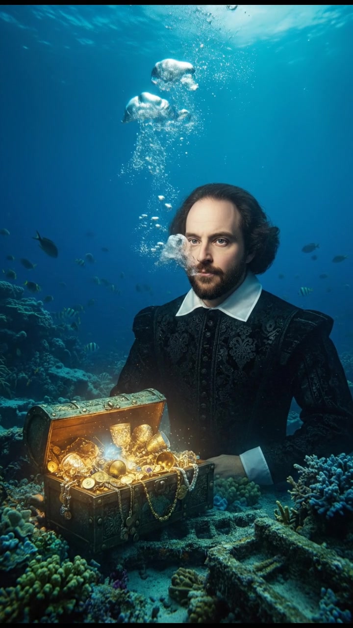 diving underwater with bubbles rising, holding breath, glowing treasure or object nearby