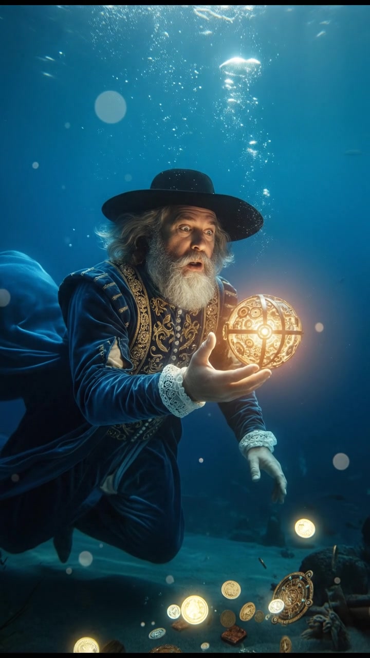 diving underwater with bubbles rising, holding breath, glowing treasure or object nearby