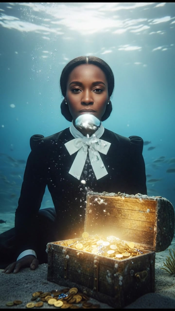 diving underwater with bubbles rising, holding breath, glowing treasure or object nearby