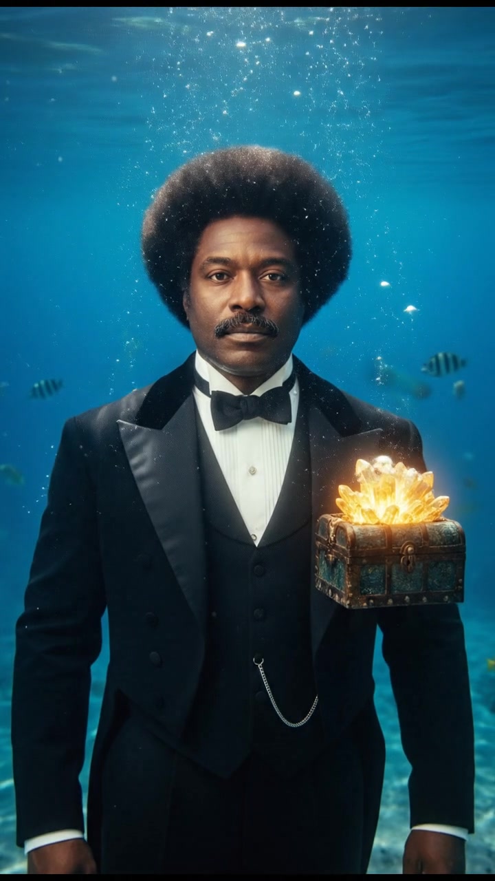 diving underwater with bubbles rising, holding breath, glowing treasure or object nearby