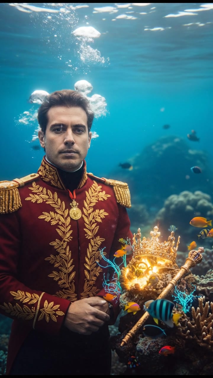 diving underwater with bubbles rising, holding breath, glowing treasure or object nearby