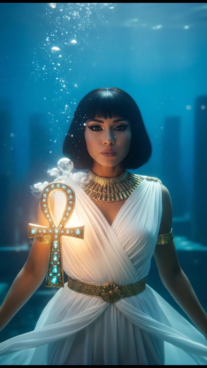 diving underwater with bubbles rising, holding breath, glowing treasure or object nearby