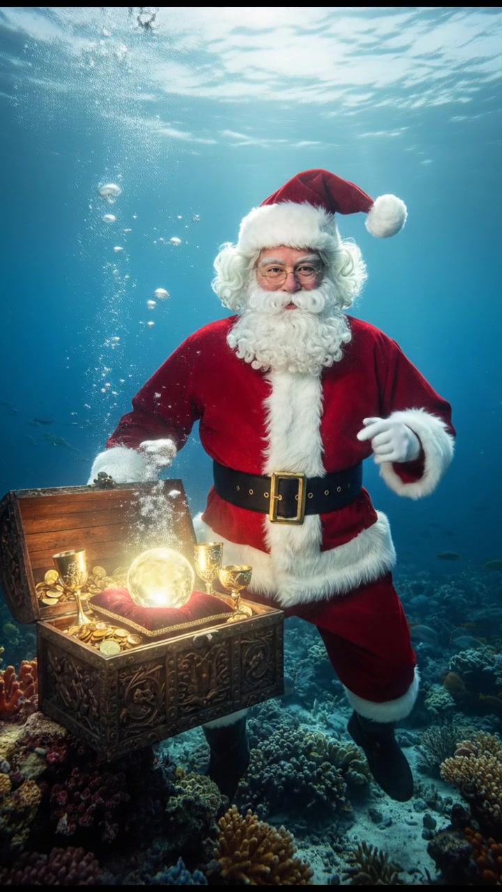 diving underwater with bubbles rising, holding breath, glowing treasure or object nearby