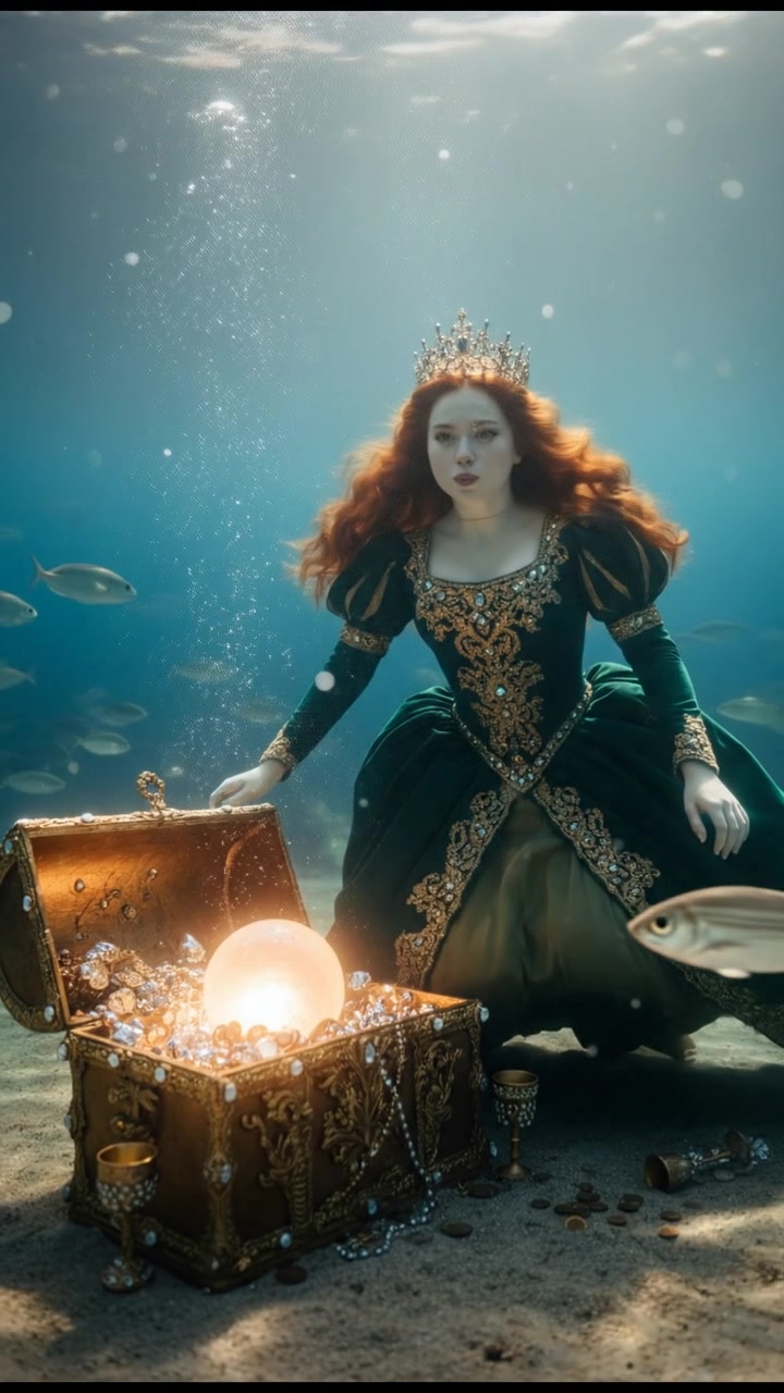 diving underwater with bubbles rising, holding breath, glowing treasure or object nearby