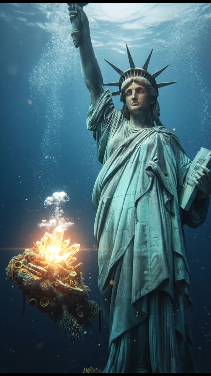 diving underwater with bubbles rising, holding breath, glowing treasure or object nearby