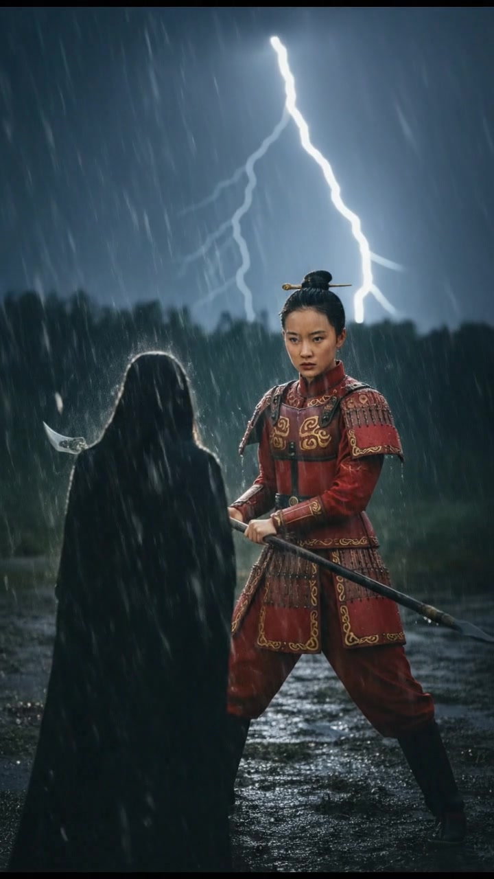 confronting a shadowy figure in the rain, lightning flashing behind them