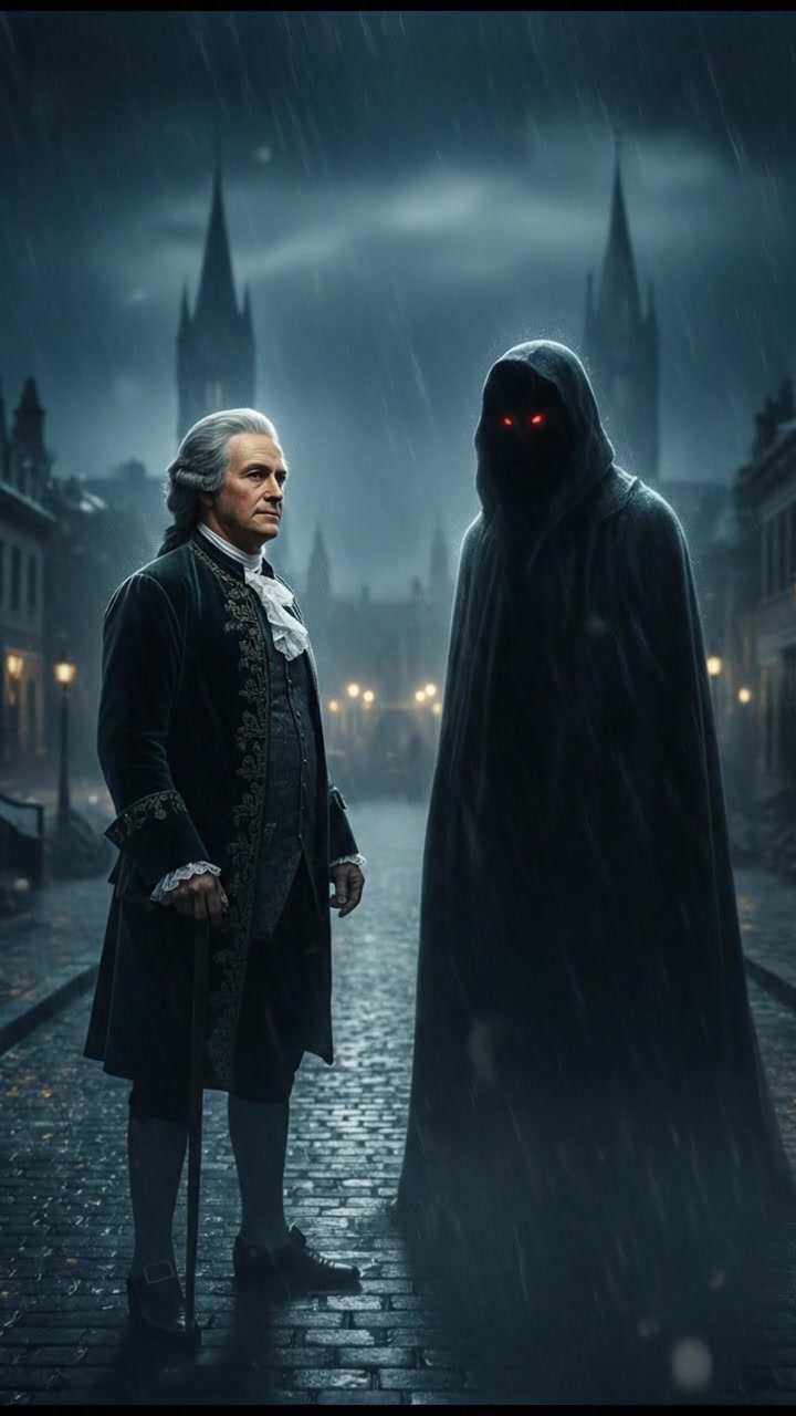 confronting a shadowy figure in the rain, lightning flashing behind them