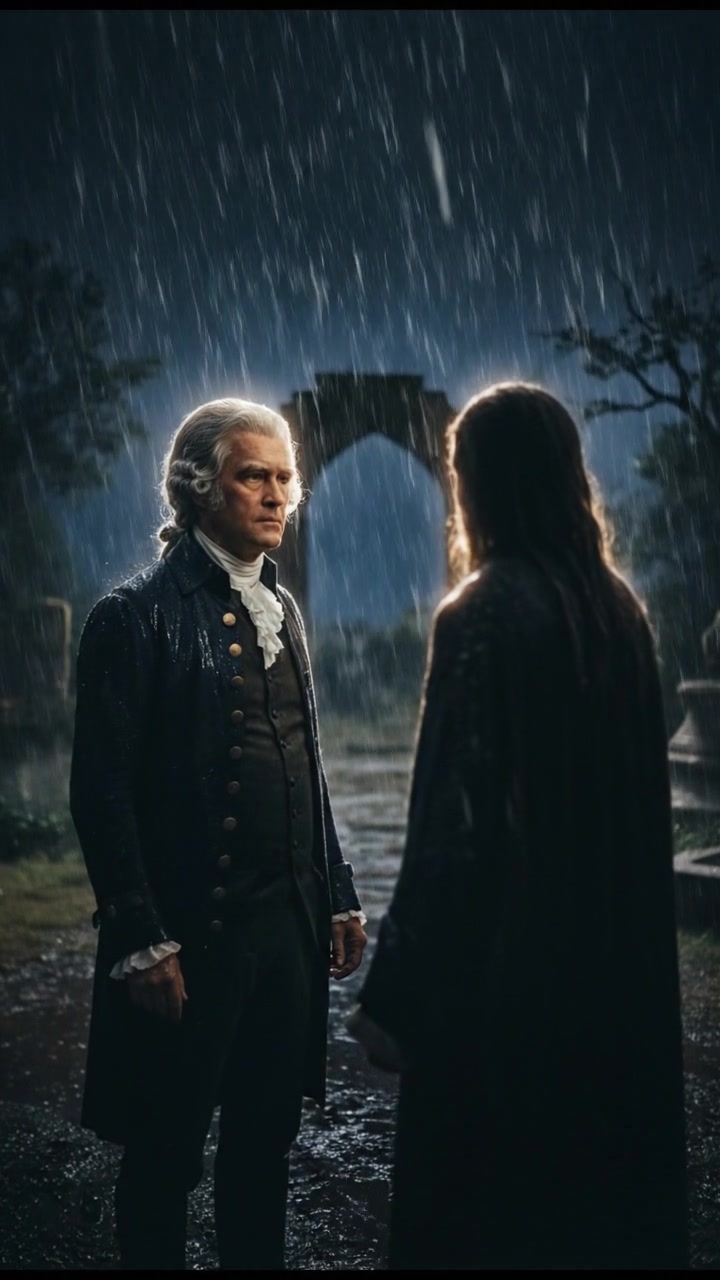 confronting a shadowy figure in the rain, lightning flashing behind them