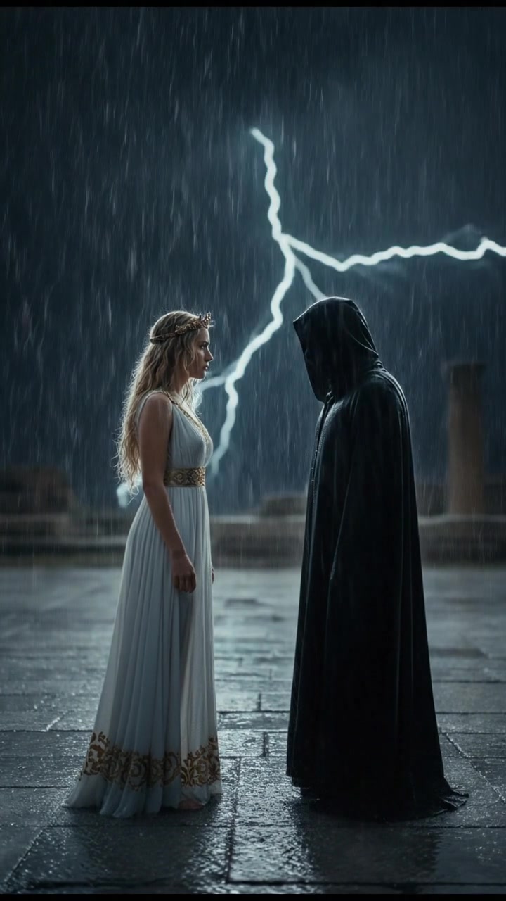 confronting a shadowy figure in the rain, lightning flashing behind them