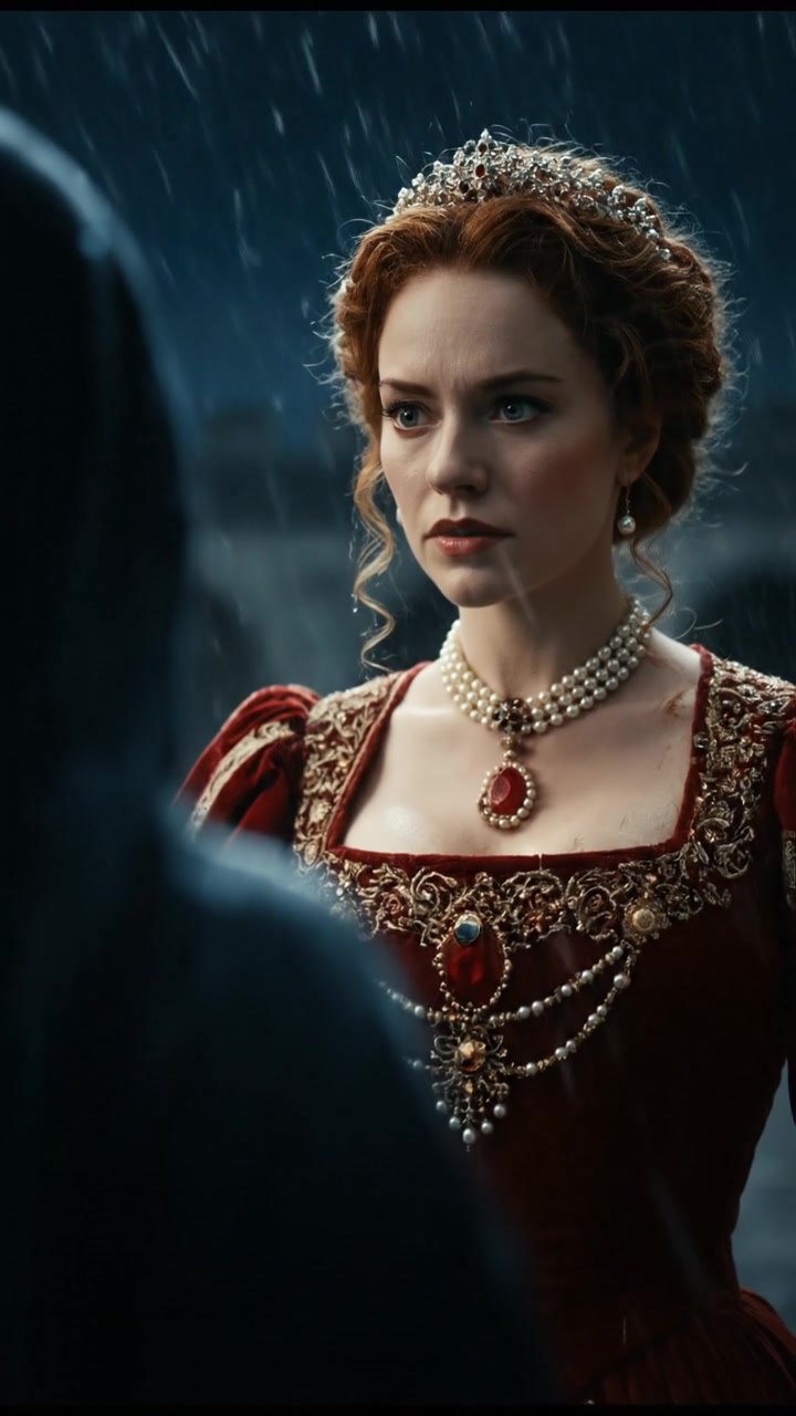 confronting a shadowy figure in the rain, lightning flashing behind them