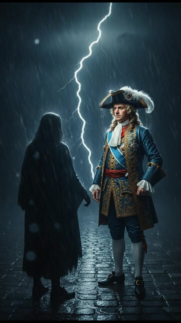 confronting a shadowy figure in the rain, lightning flashing behind them