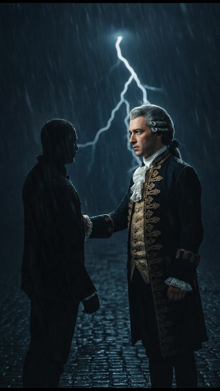 confronting a shadowy figure in the rain, lightning flashing behind them