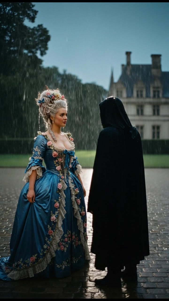 confronting a shadowy figure in the rain, lightning flashing behind them