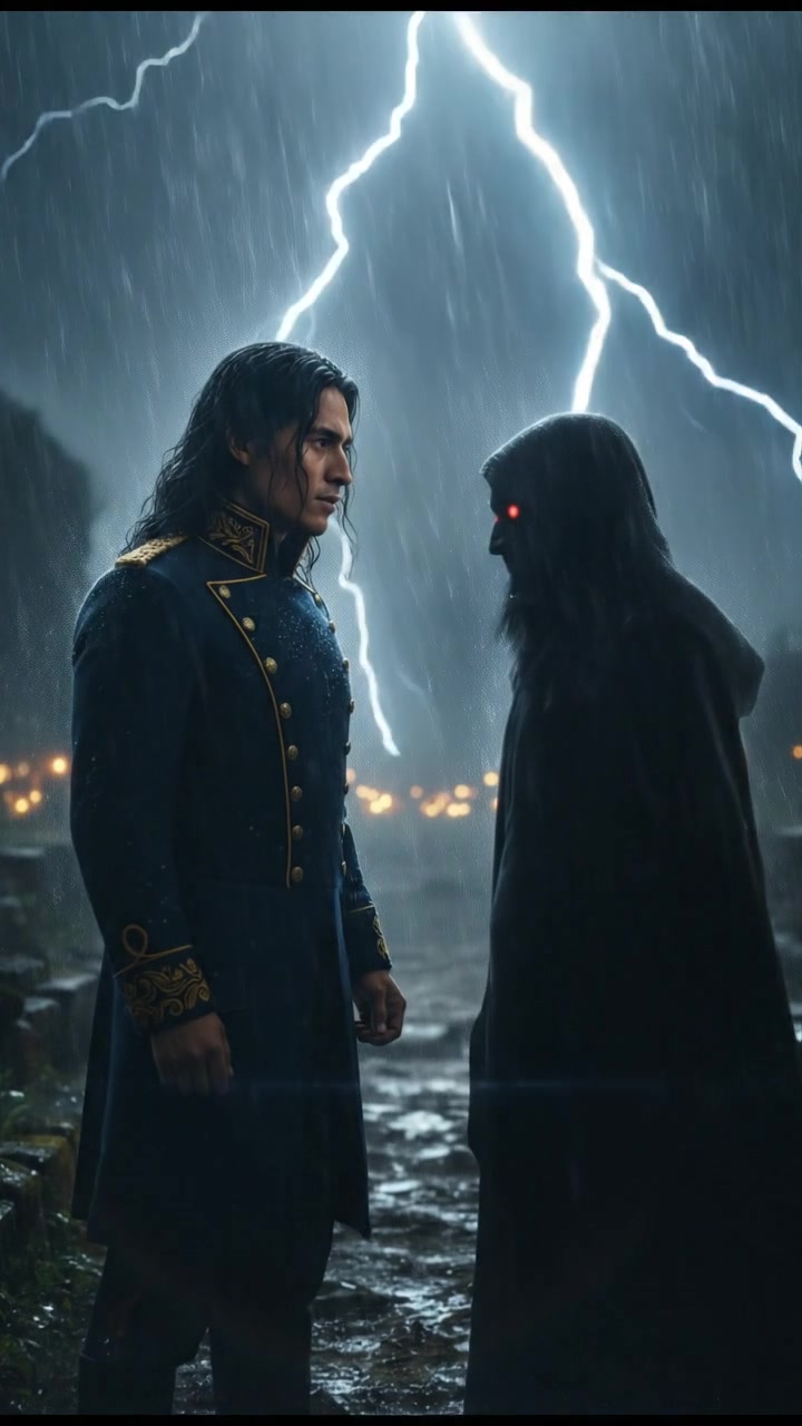 confronting a shadowy figure in the rain, lightning flashing behind them