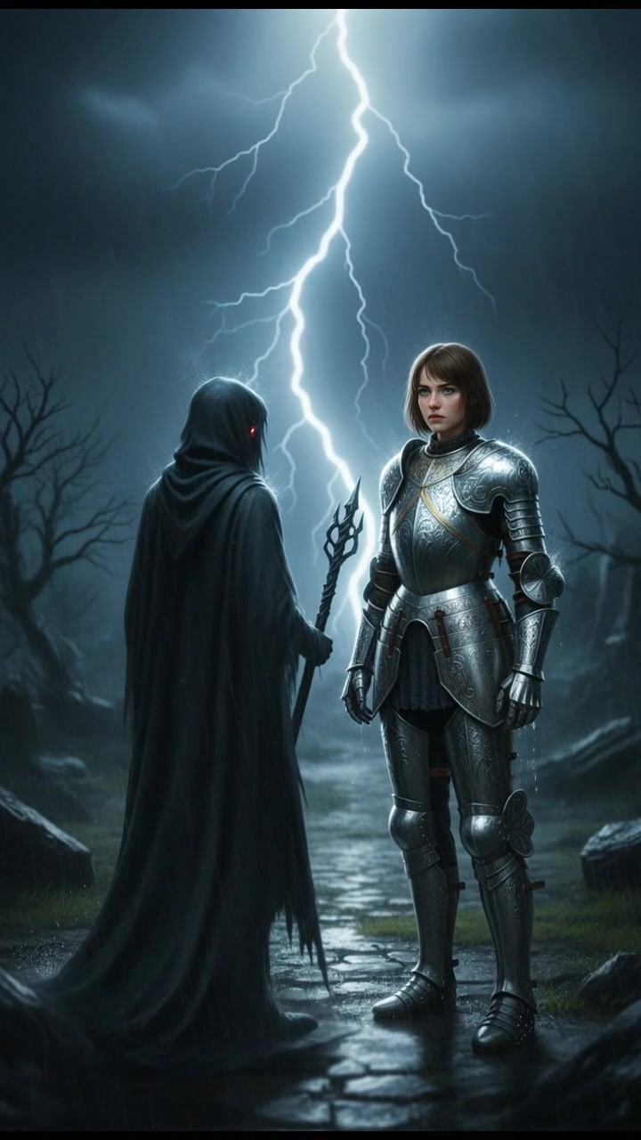 confronting a shadowy figure in the rain, lightning flashing behind them