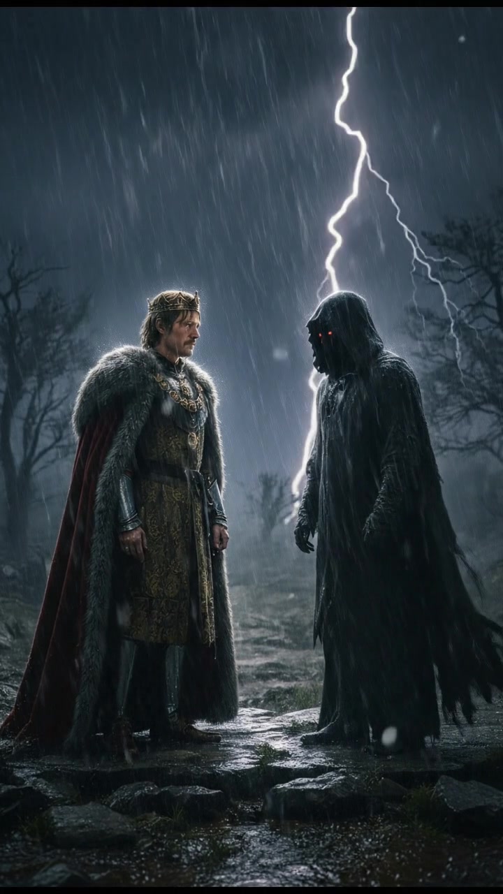 confronting a shadowy figure in the rain, lightning flashing behind them