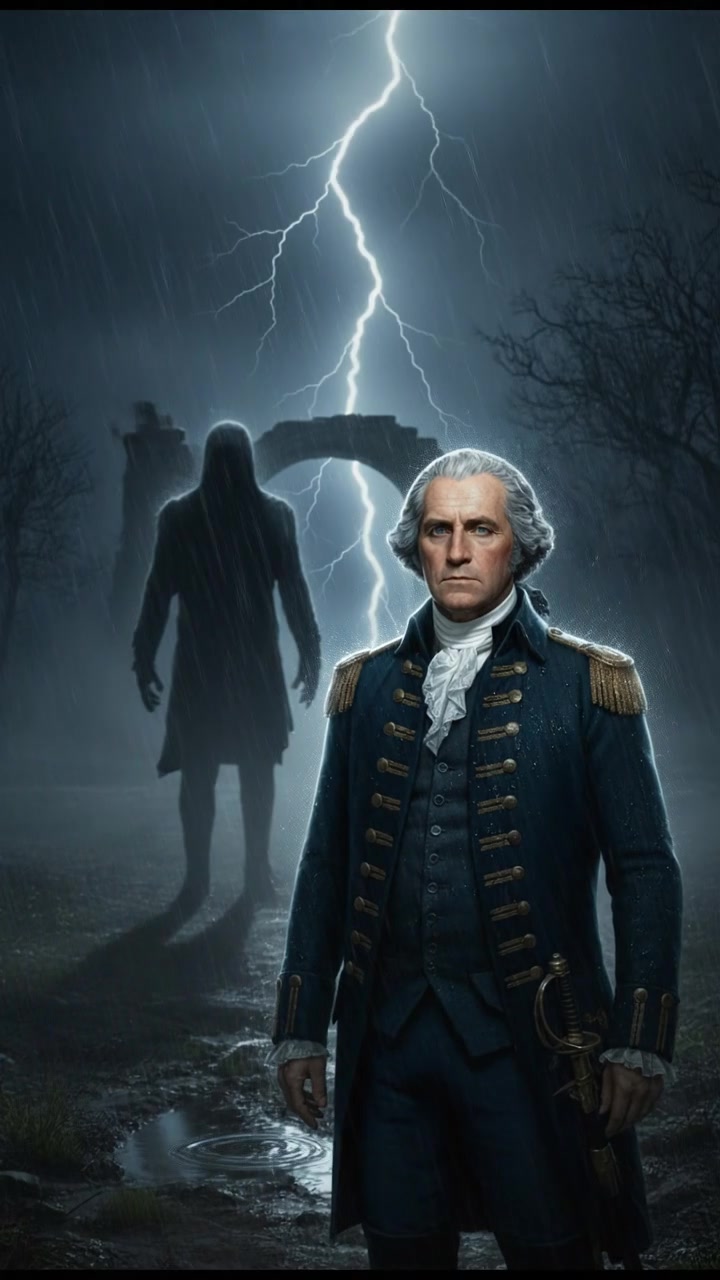 confronting a shadowy figure in the rain, lightning flashing behind them