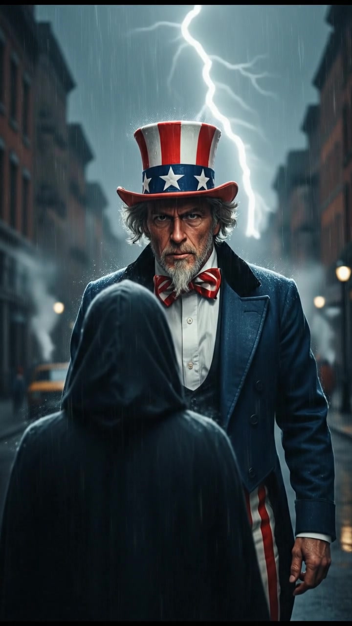 confronting a shadowy figure in the rain, lightning flashing behind them