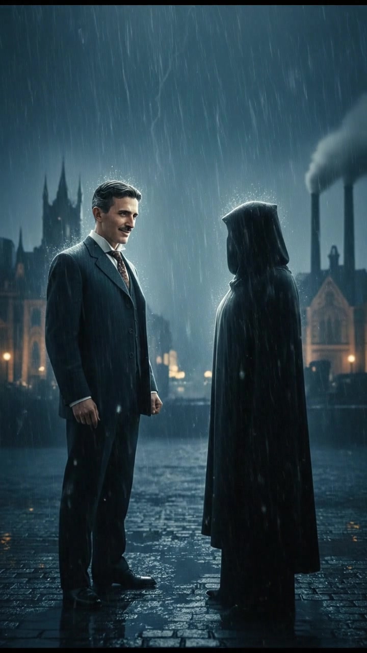 confronting a shadowy figure in the rain, lightning flashing behind them