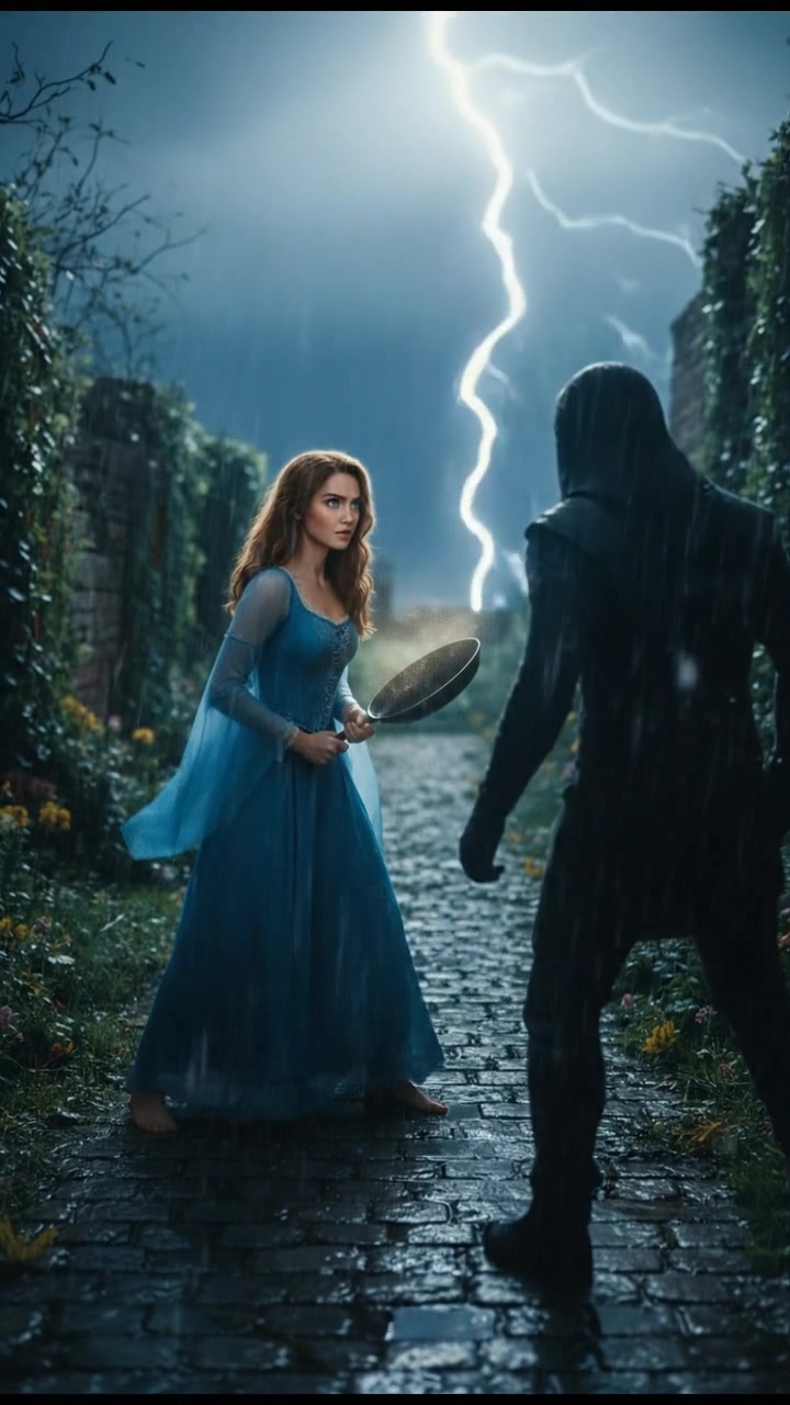 confronting a shadowy figure in the rain, lightning flashing behind them