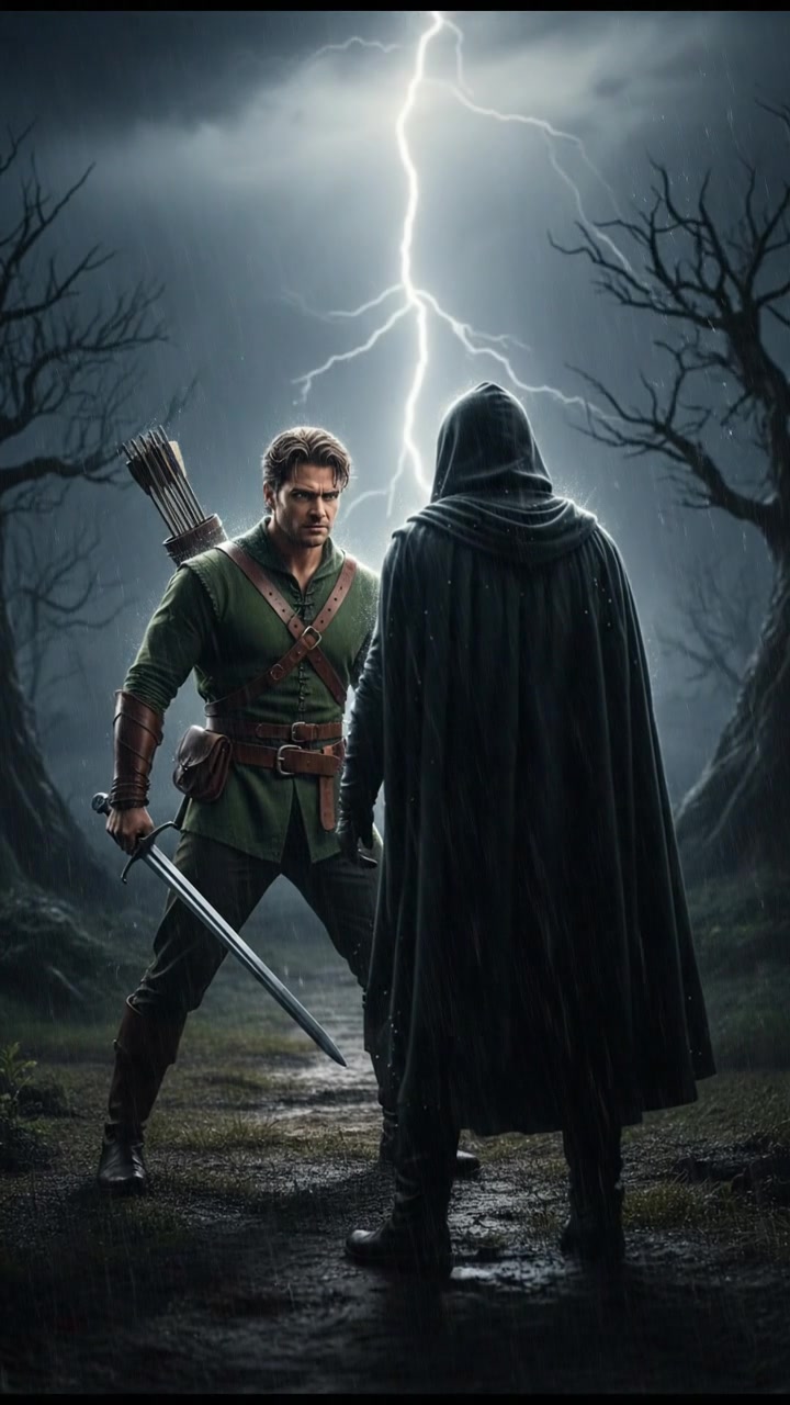 confronting a shadowy figure in the rain, lightning flashing behind them