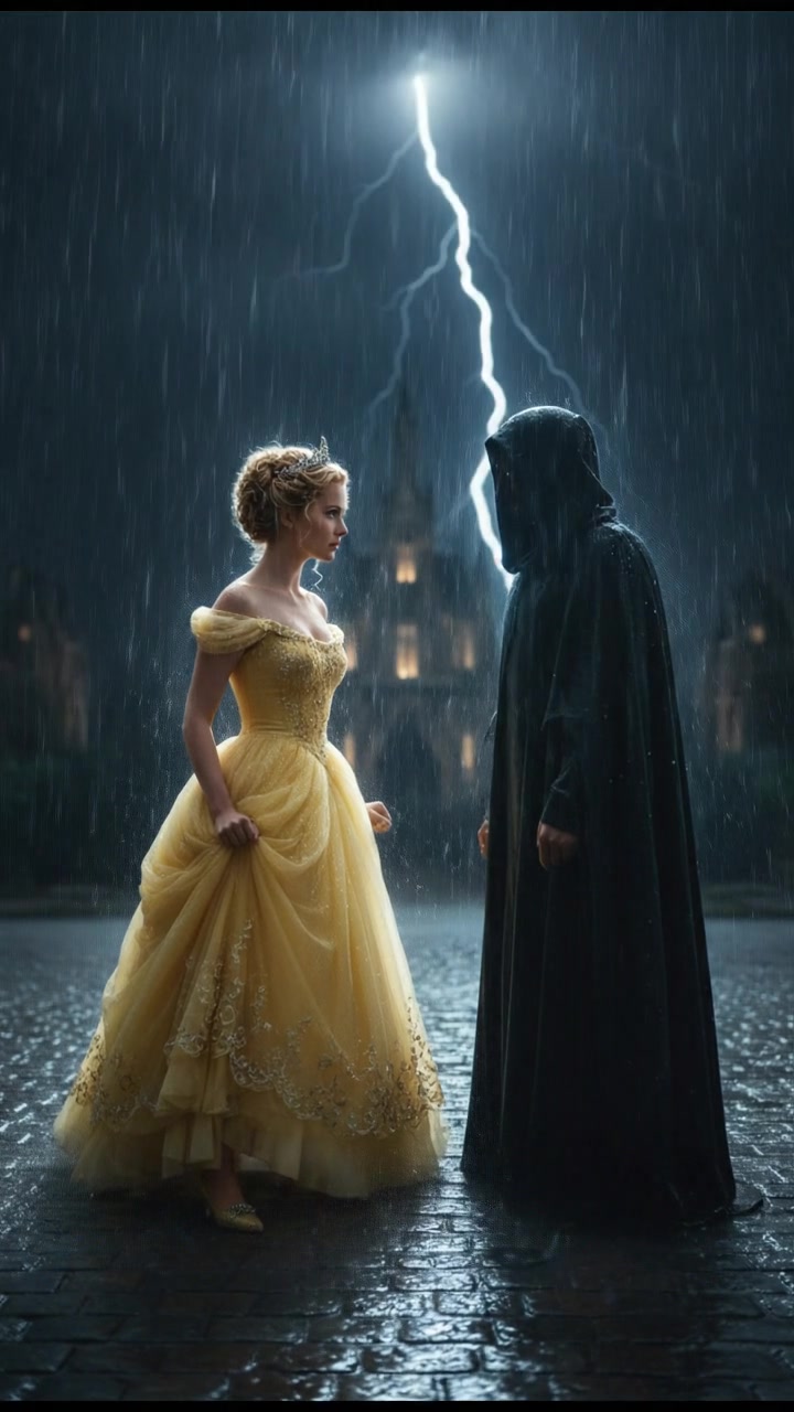 confronting a shadowy figure in the rain, lightning flashing behind them