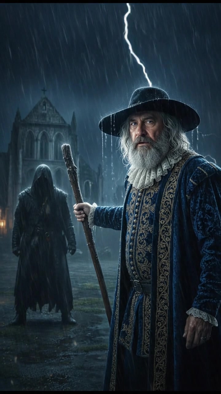 confronting a shadowy figure in the rain, lightning flashing behind them