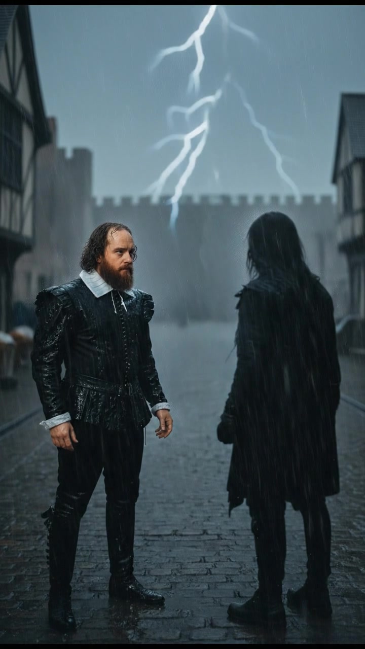 confronting a shadowy figure in the rain, lightning flashing behind them