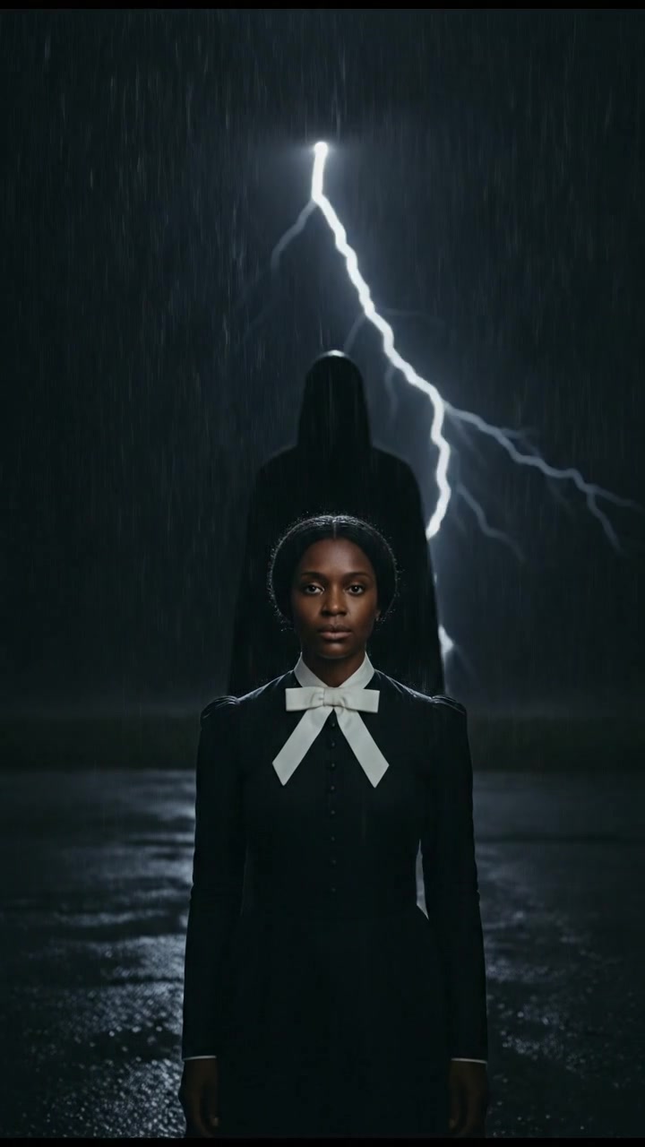 confronting a shadowy figure in the rain, lightning flashing behind them