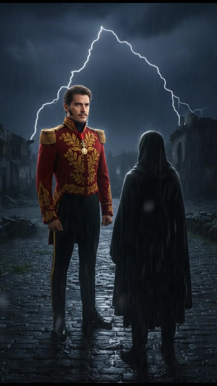 confronting a shadowy figure in the rain, lightning flashing behind them