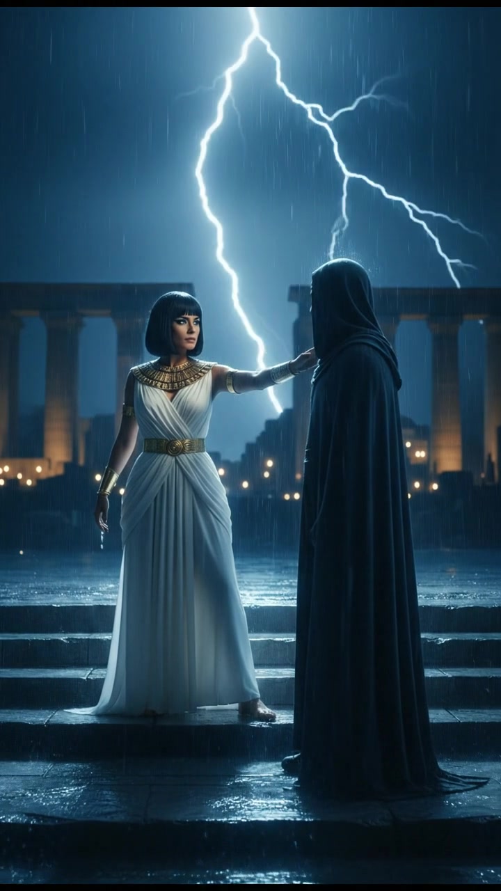 confronting a shadowy figure in the rain, lightning flashing behind them