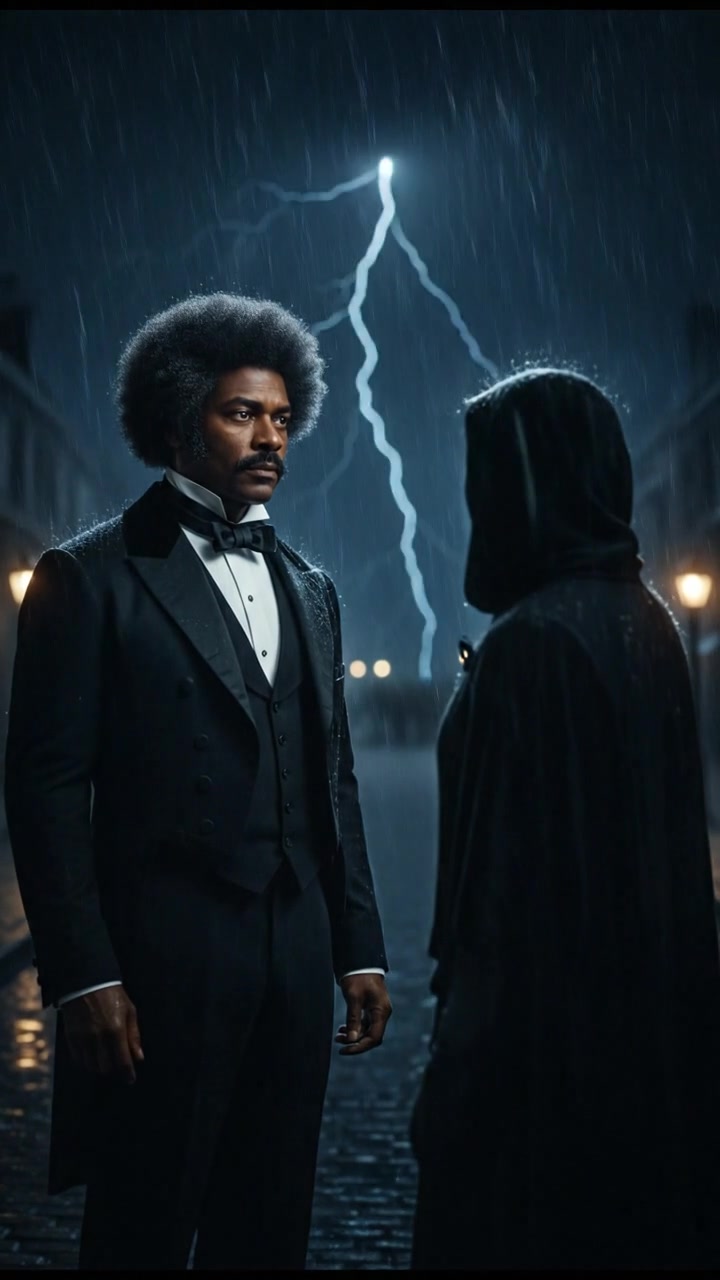 confronting a shadowy figure in the rain, lightning flashing behind them