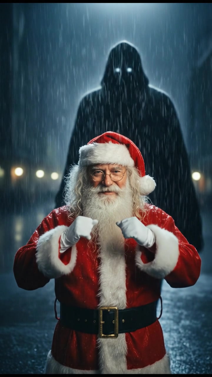 confronting a shadowy figure in the rain, lightning flashing behind them