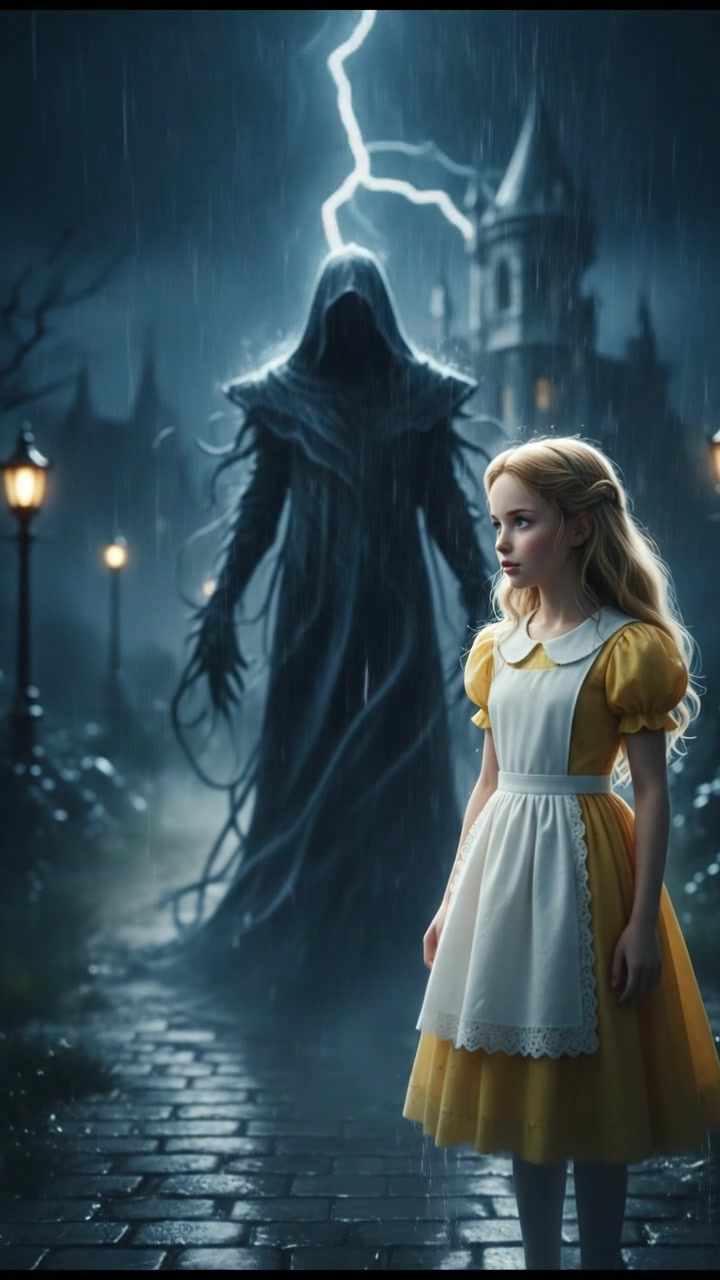 confronting a shadowy figure in the rain, lightning flashing behind them