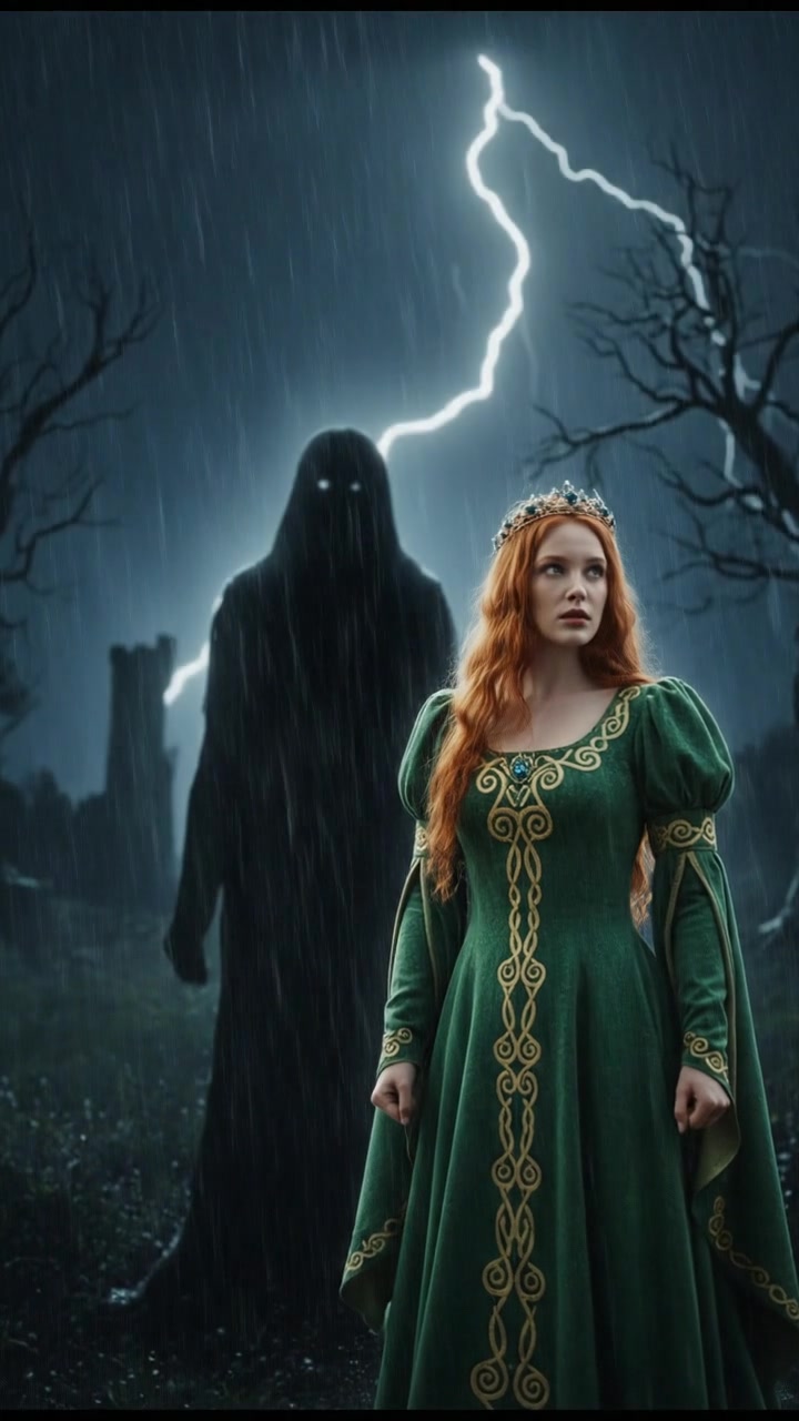 confronting a shadowy figure in the rain, lightning flashing behind them