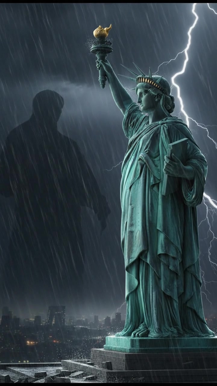 confronting a shadowy figure in the rain, lightning flashing behind them