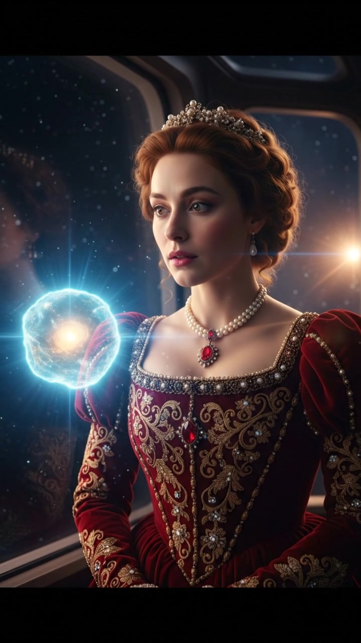 discovering a mysterious glowing object drifting in space, reflected in their wide eyes