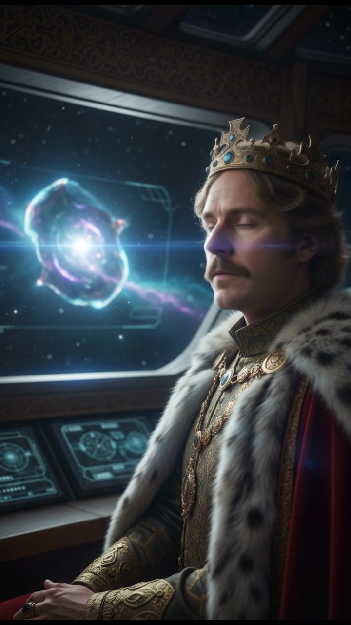 discovering a mysterious glowing object drifting in space, reflected in their wide eyes