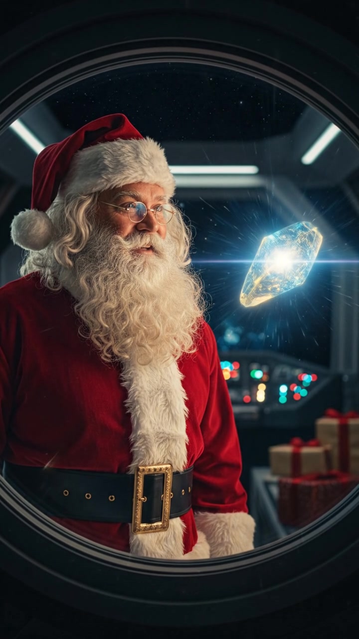 discovering a mysterious glowing object drifting in space, reflected in their wide eyes