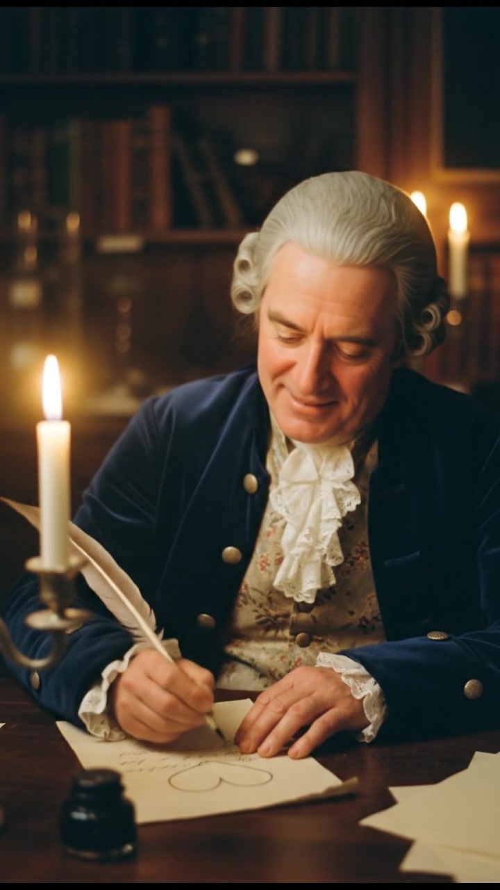 writing a love letter by candlelight, smiling, face illuminated by candlelight