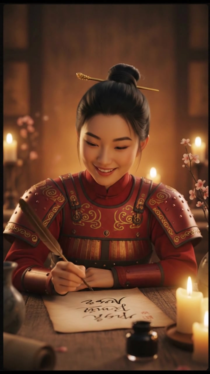 writing a love letter by candlelight, smiling, face illuminated by candlelight