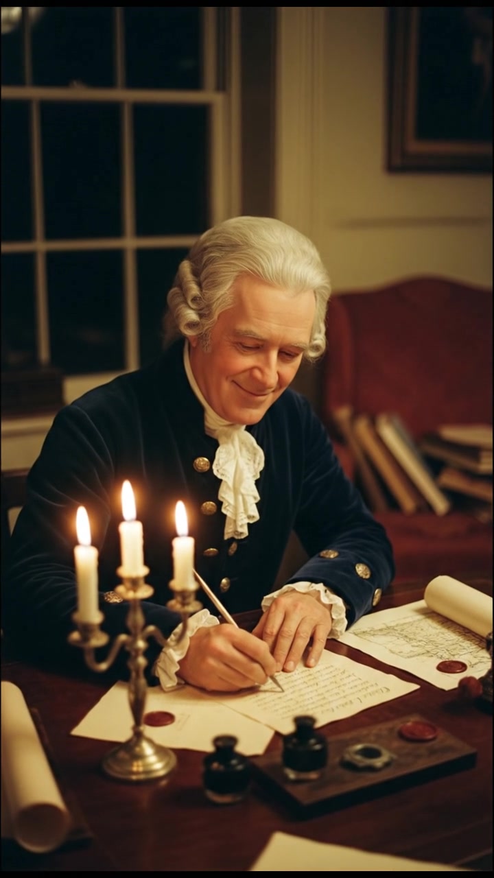 writing a love letter by candlelight, smiling, face illuminated by candlelight