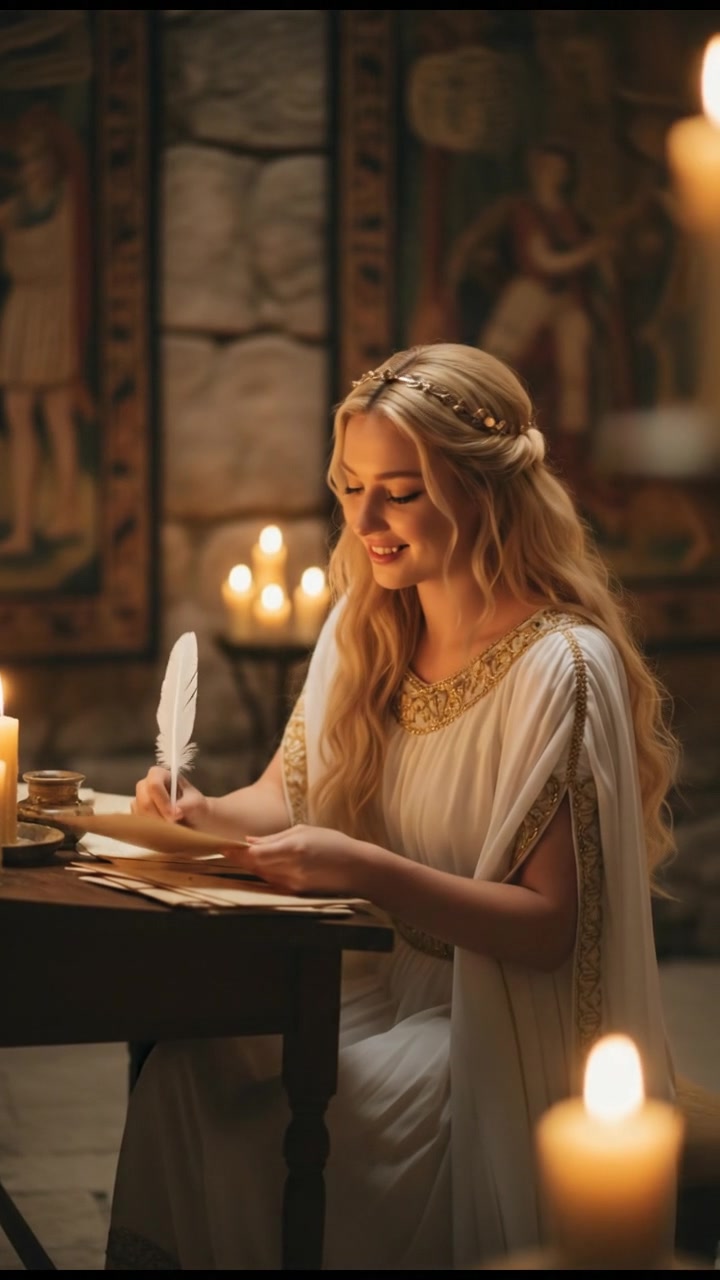 writing a love letter by candlelight, smiling, face illuminated by candlelight